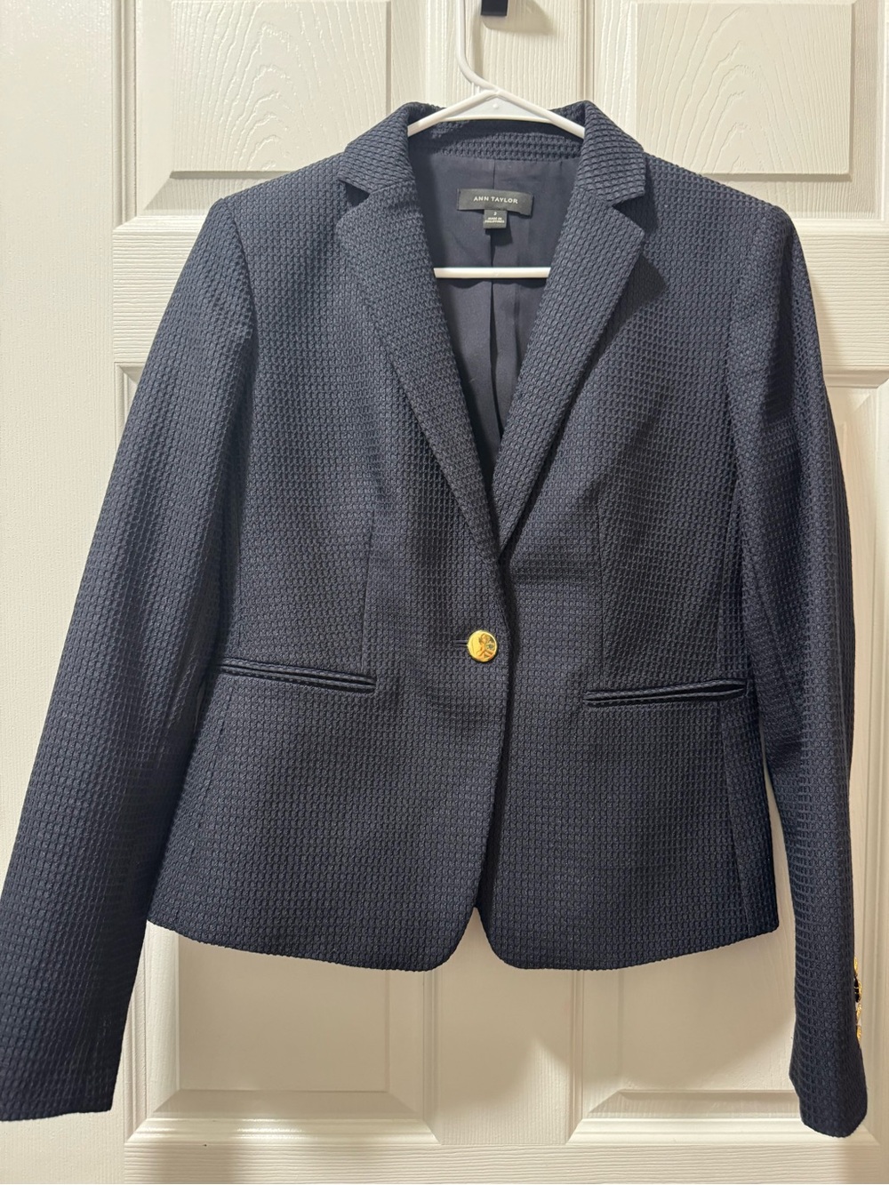 Ann Taylor Navy Textured Single-Button Blazer with Gold Accent